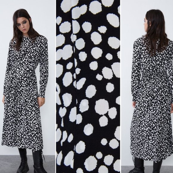ZARA BLACK & WHITE POLKADOT SPOTTED PRINTED ELASTIC WAIST MIDI DRESS $69.90 - Picture 1 of 13